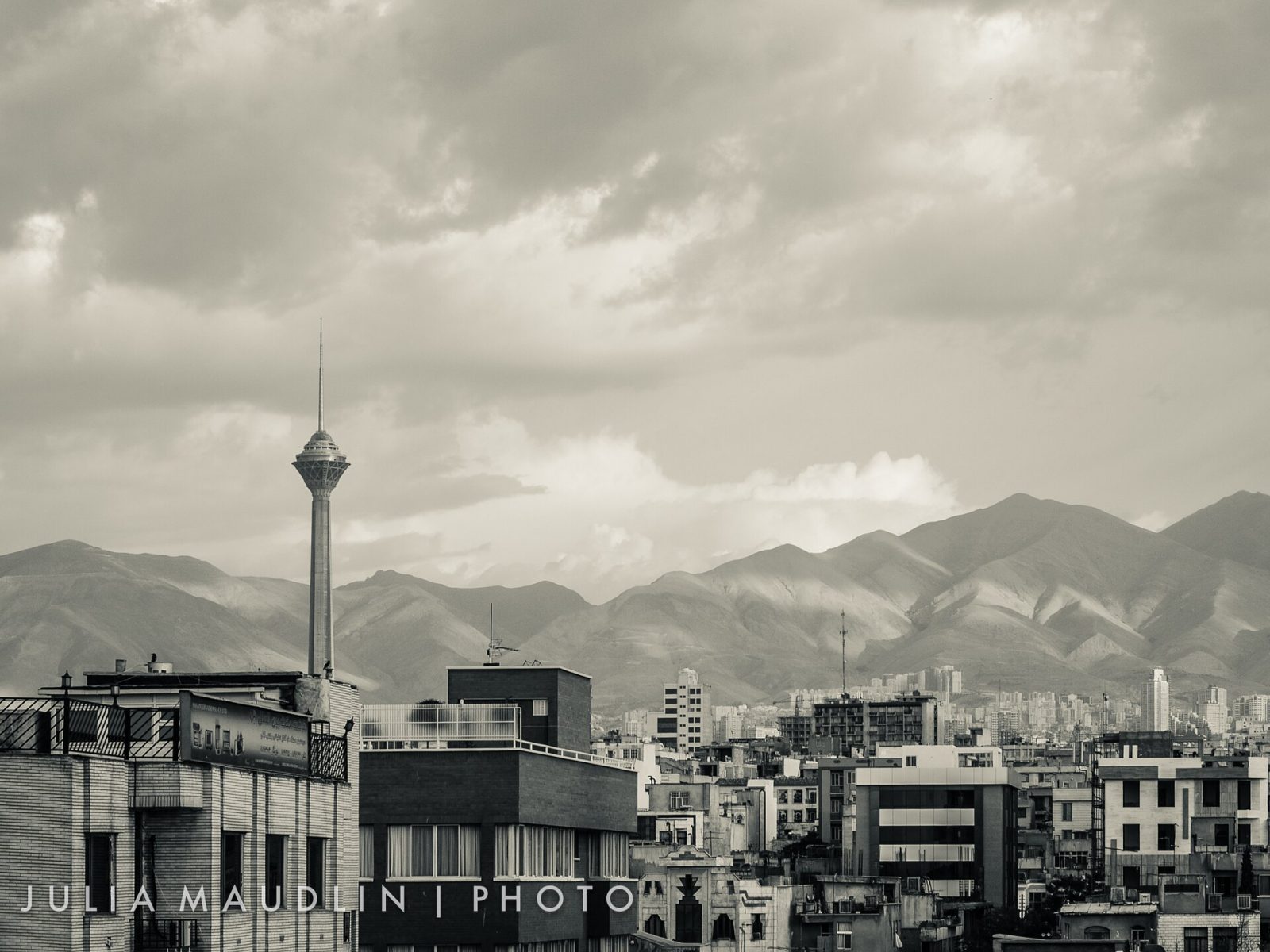 Tehran skyline with the Milad Tower and Alborz mountains